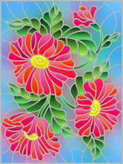 Illustration in stained glass style with three bright red flowers, buds and leaves on a blue background