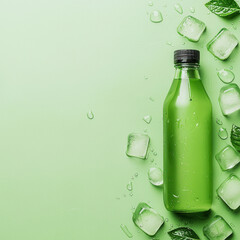 Refreshing beverage mockup with mint leaves and ice cubes minimalist environment top-down view for ultimate refreshment