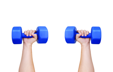 Man's hand holding a blue dumbbell PNG transparent.