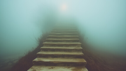 Into the Mist: A solitary staircase disappears into a swirling mist, shrouded in an ethereal veil. The steps beckon, inviting exploration into the unknown.