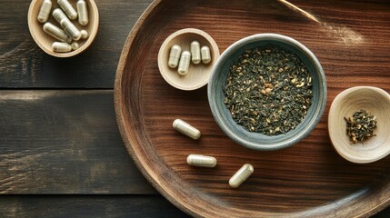 Fototapeta premium A creative arrangement of plant-based capsules on a wooden tray with green tea