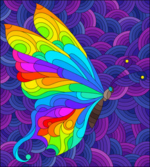 Obraz premium An illustration in the style of a stained glass window with a bright butterfly on a blue wavy background