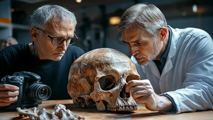 Two Scientists Examining a Skull in a Laboratory
