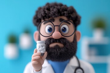 Worried Doctor: A 3D animated doctor, rendered in cartoonish style, stares at a bottle of pills with a concerned expression. His bushy eyebrows are furrowed.