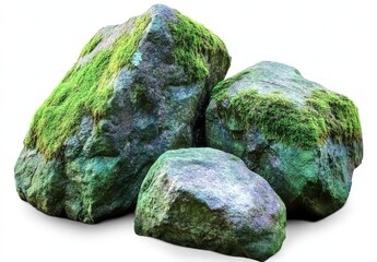 Three moss-covered rocks isolated on white background, detailed photograph with cinematic lighting, captured with 35mm lens, high-resolution, excellent focus.