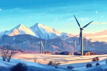 A wind farm set against a snowy mountain range, showcasing the adaptability of renewable energy in various terrains and climates.