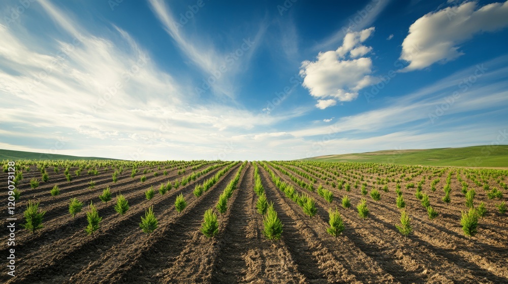 Poster An expansive view of a reforestation project with countless young trees planted across a rolling landscape, under a vibrant blue sky with clouds