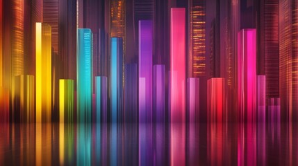 Obraz premium A D bar graph with tall, glossy pillars in various colors rising from a reflective surface, symbolizing financial growth and performance analysis