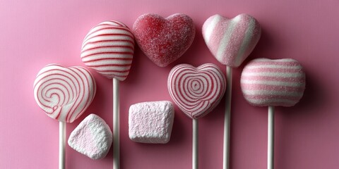 Valentine's Day background with heart-shaped lollipops and marshmallows on pink backdrop, flat lay composition, copy space, pastel colors, high-resolution.