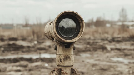 Close-up of a weathered, old telescope mounted on a tripod, overlooking a muddy construction site.