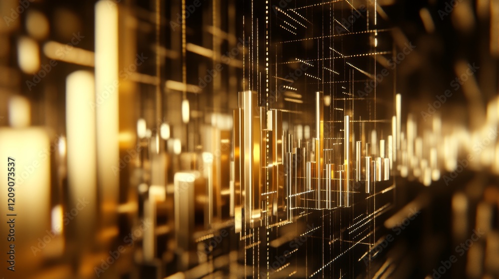 Poster a d financial graph with rising bars and an upward trending line chart, with metallic textures and s