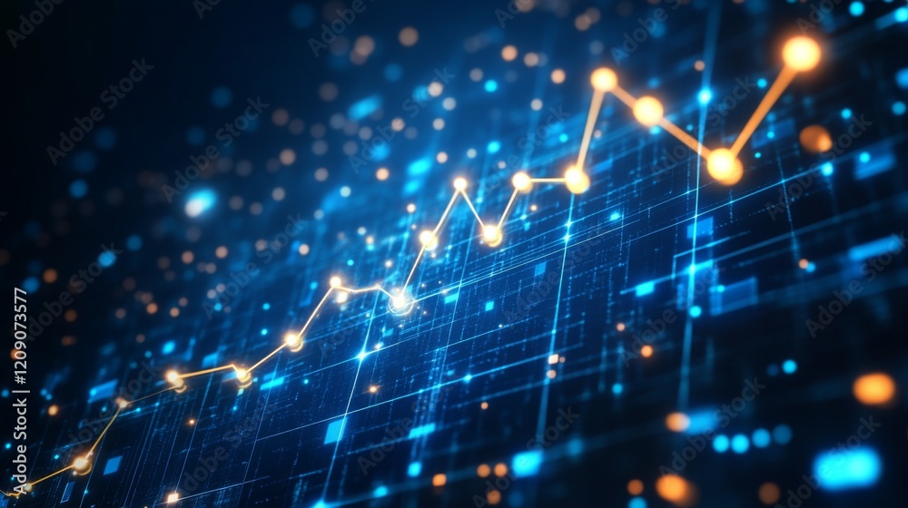 Poster A D financial line graph with smooth, curving lines connecting glowing points, showing a steady upward trend against a dark digital landscape