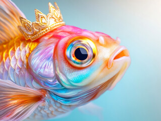 Colorful Goldfish with Crown Adorned by Vibrant Rainbow Tones in Artistic Composition