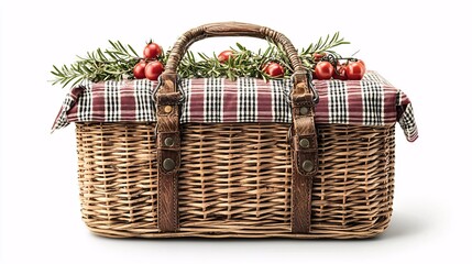A rustic picnic basket adorned with festive greenery and red berries, showcasing a classic checkered fabric lid.