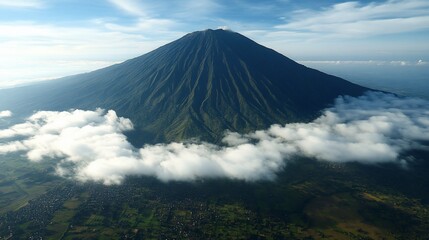 Majestic volcano sunrise aerial view, cloud sea, rural landscape, travel poster