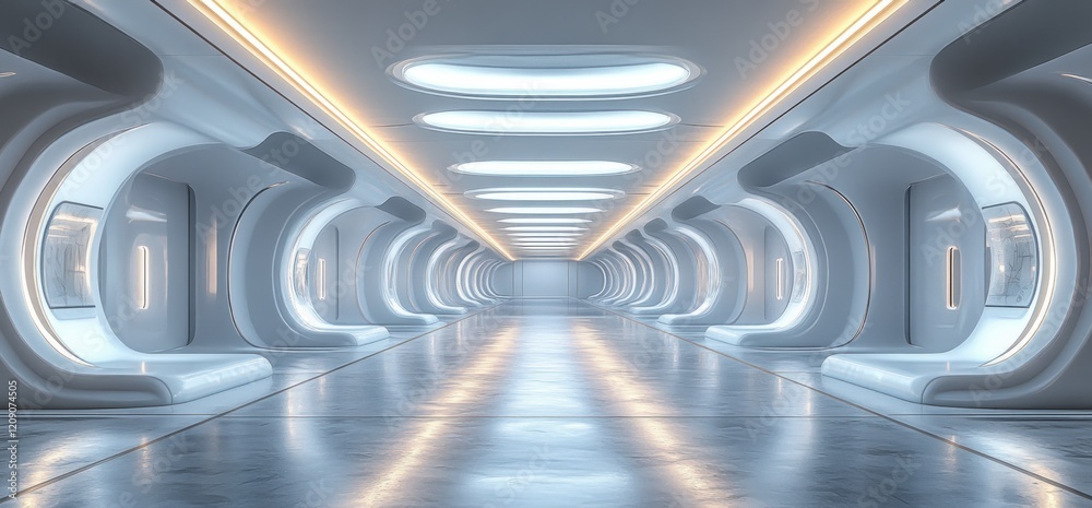Poster futuristic minimalist white gallery room with bright led lighting and hyper-realistic rendering