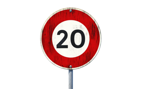 20 km of a circular speed limit sign on transparent or white background