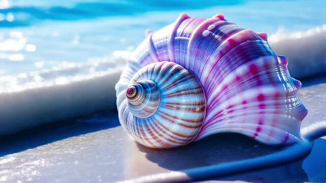 Close-up of a shell with iridescent pink and blue shades against a background of sparkling water
