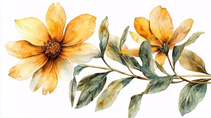 A delicate watercolor illustration featuring vibrant yellow flowers and lush green leaves against a white background.