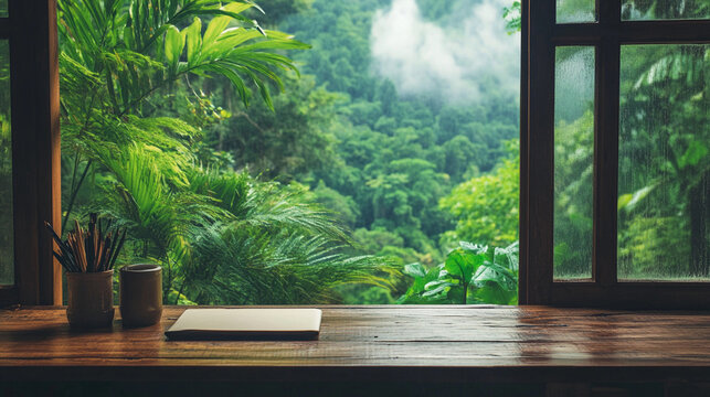 Zoom Background, Desk with view of tropical rainforest.