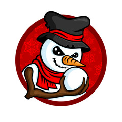 Red round icon with angry snowman on white background.