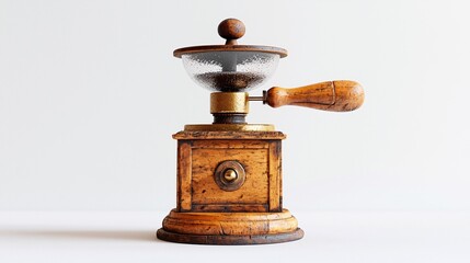 A vintage wooden coffee grinder with a metal top and wooden handle, showcasing craftsmanship and nostalgia.