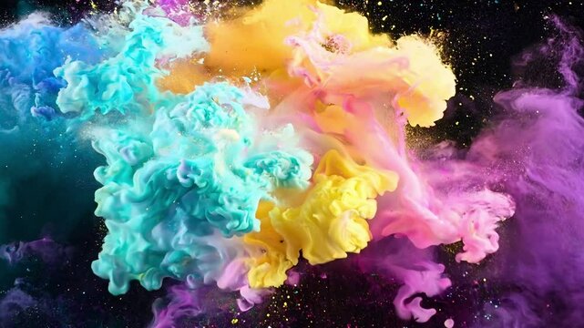 Explosion of Holi powder of purple, yellow, and green colors on black background. LGBT Events and Indian Festival Celebrations