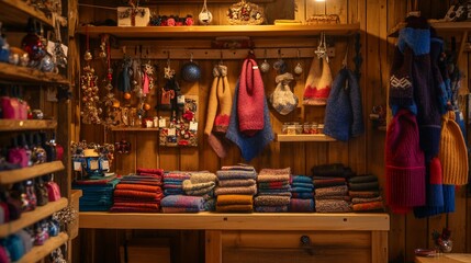 Obraz premium Cozy cabin shop displays winter woolens, ornaments; festive background
