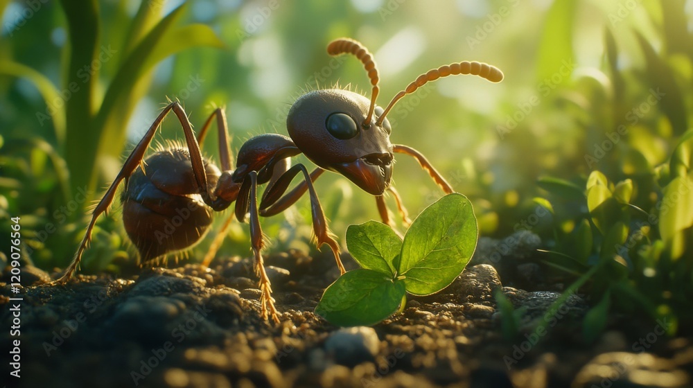 Poster a close-up view of an ant carrying a tiny leaf, showcasing its intricate body structure and details,