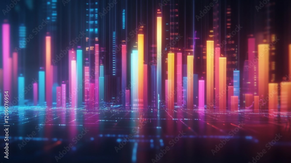 Aufkleber A colorful D bar chart with tall, gradient-colored bars rising from a digital financial dashboard, with numbers softly glowing in the background
