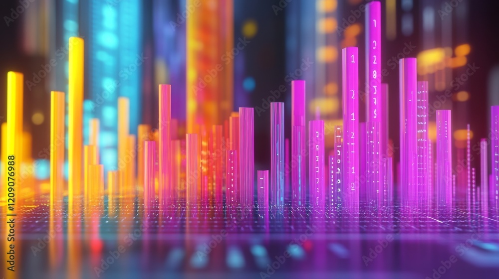Aufkleber A colorful D bar chart with tall, gradient-colored bars rising from a digital financial dashboard, with numbers softly glowing in the background