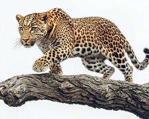 Obraz premium Majestic leopard climbing down a tree trunk on a white background its spots striking