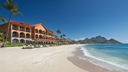 Fototapeta premium Beachfront resort, tropical ocean view, sunny day, relaxation, travel brochure