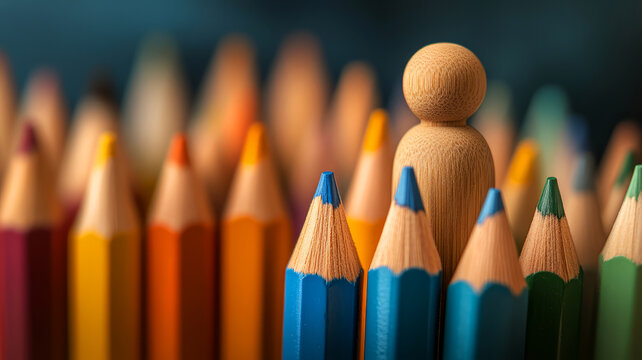 Wooden figure standing among colorful pencils in artistic arrangement on a blurred background