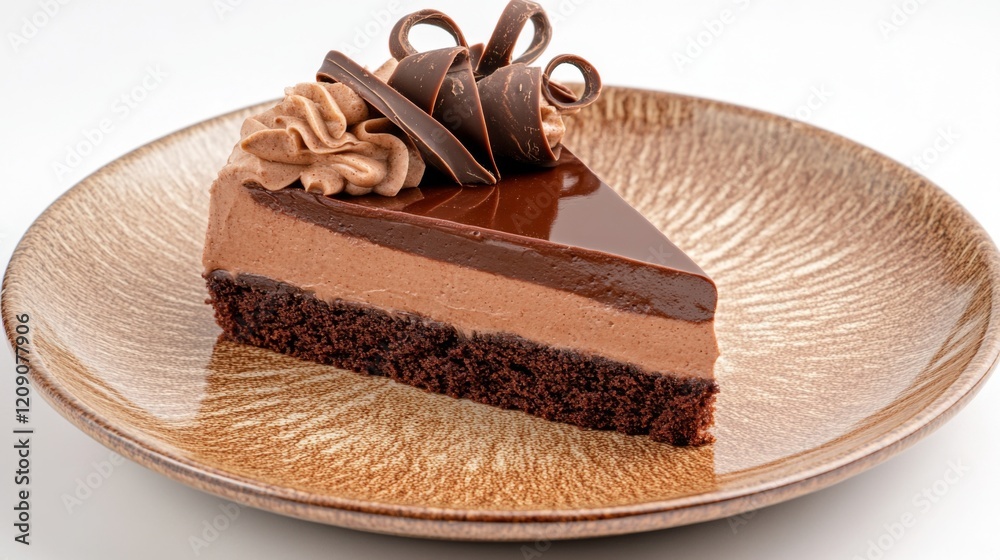 Poster A delicious slice of chocolate cake with layers visible, topped with glossy chocolate frosting and decorative chocolate curls on a rustic plate