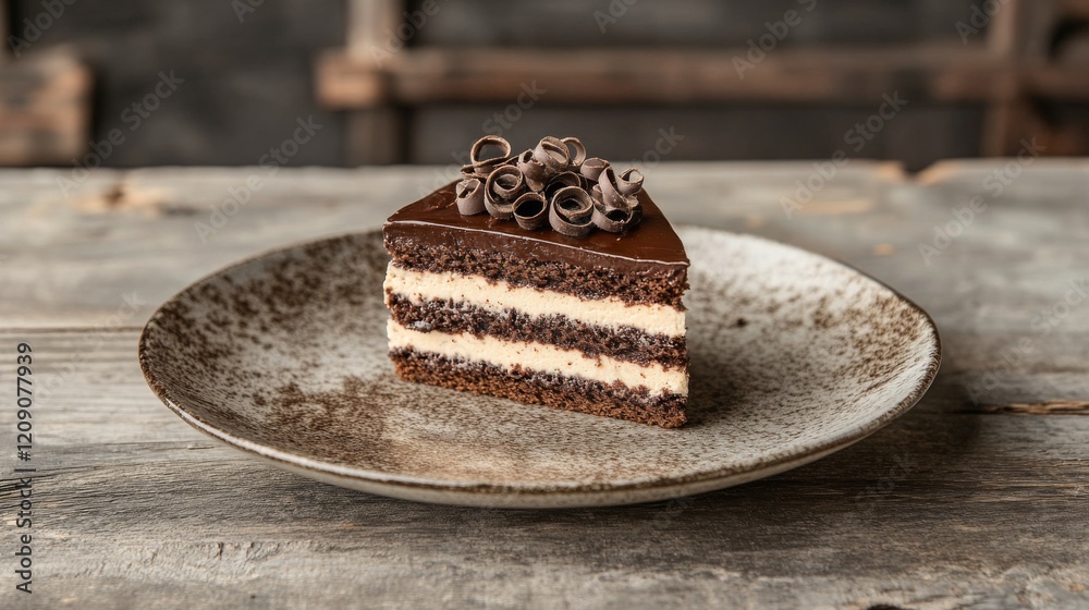 Poster A delicious slice of chocolate cake with layers visible, topped with glossy chocolate frosting and decorative chocolate curls on a rustic plate