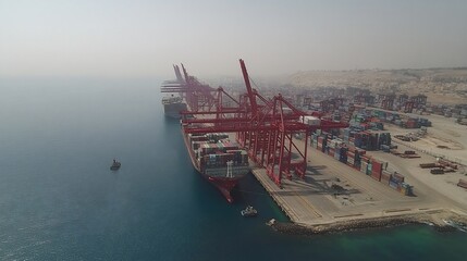 Container ship unloading at port, aerial view, hazy day, global trade