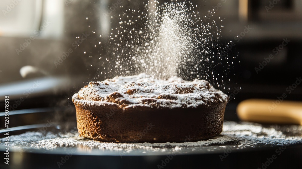 Poster a dramatic shot of a chocolate souffl rising in the oven, with a rich brown color and a dusting of p