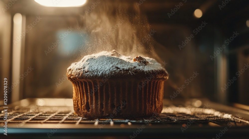 Poster a dramatic shot of a chocolate souffl rising in the oven, with a rich brown color and a dusting of p