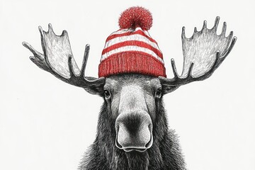 Christmas moose with red and white striped hat hand drawn illustration winter party animal funny holiday card