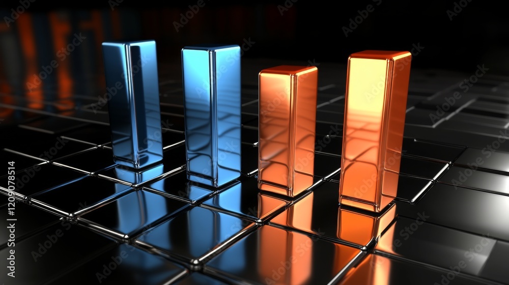 Aufkleber a dynamic bar graph with tall, shiny bars in blue and orange, standing on a reflective grid, symboli