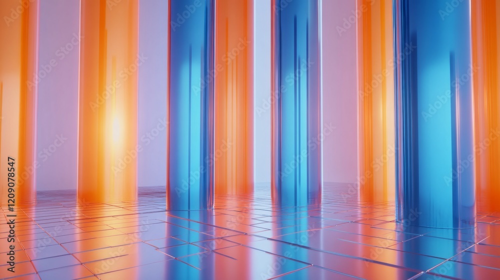 Poster a dynamic bar graph with tall, shiny bars in blue and orange, standing on a reflective grid, symboli