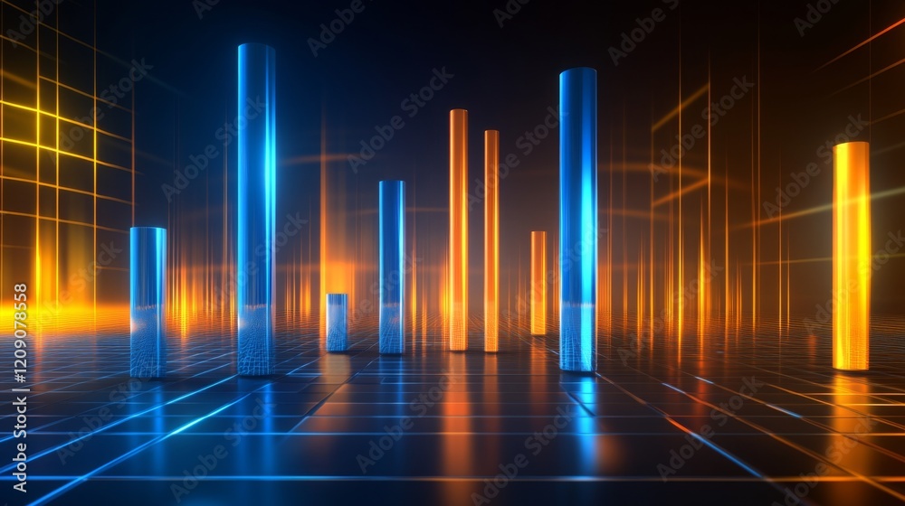Poster a dynamic bar graph with tall, shiny bars in blue and orange, standing on a reflective grid, symboli