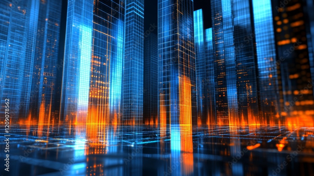 Poster a dynamic bar graph with tall, shiny bars in blue and orange, standing on a reflective grid, symboli