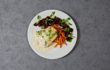 fish steak with vegies and sweet potatoes