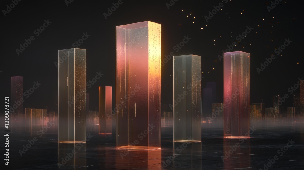 Aufkleber A financial bar chart with translucent bars in ascending order, placed on a dark, sleek background with glowing data points floating around