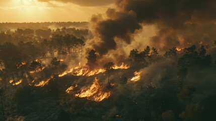 Naklejka premium A forest engulfed in flames, with billowing smoke rising into the sky, representing the increasing frequency of wildfires due to global warming