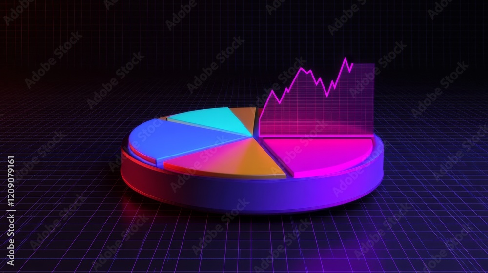 Poster A futuristic D pie chart with floating segments, each glowing with neon lights, set against a dark grid background, representing financial data visualization