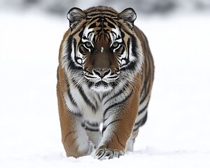 Obraz premium Majestic Siberian tiger standing confidently on a pure white background with sharp stripes and piercing eyes