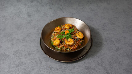 wok noodles dish, pork, chicken, shrimps
